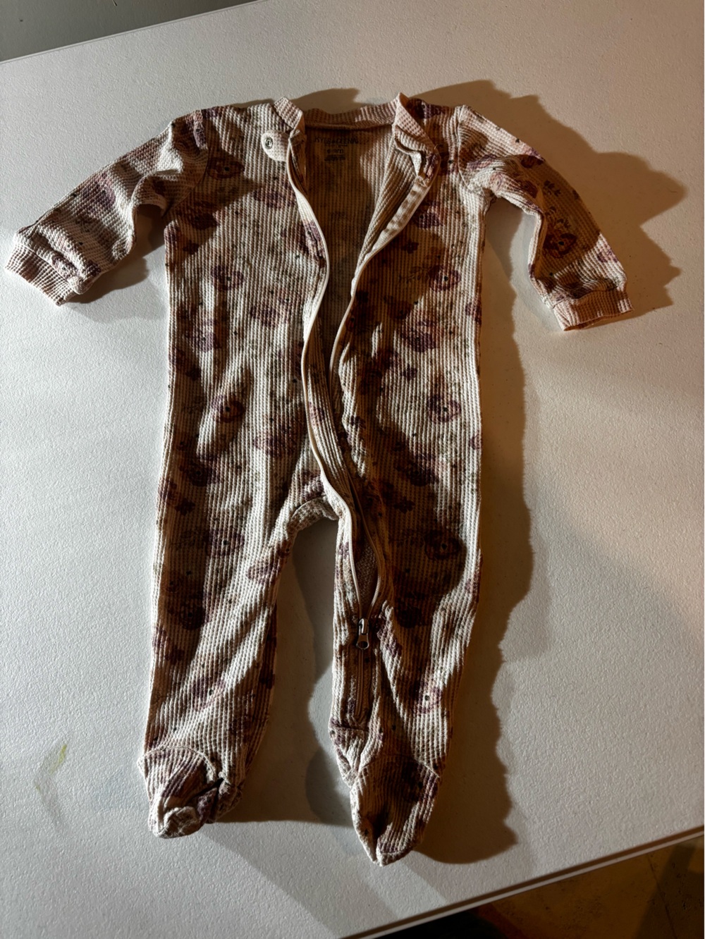 Ribbed Floral Footed One-Piece in Cream and Brown